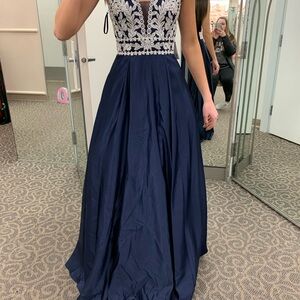 David's Bridal Navy and White Floral Lace Prom Dress